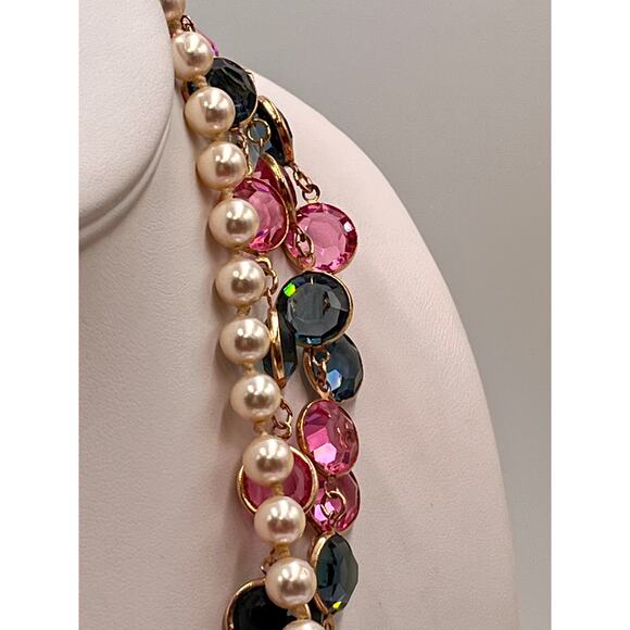 D.S. Co. Daniel Swarovski Vintage Triple Strand Pearl Pink Blue Crystal Necklace - Picture 6 of 11